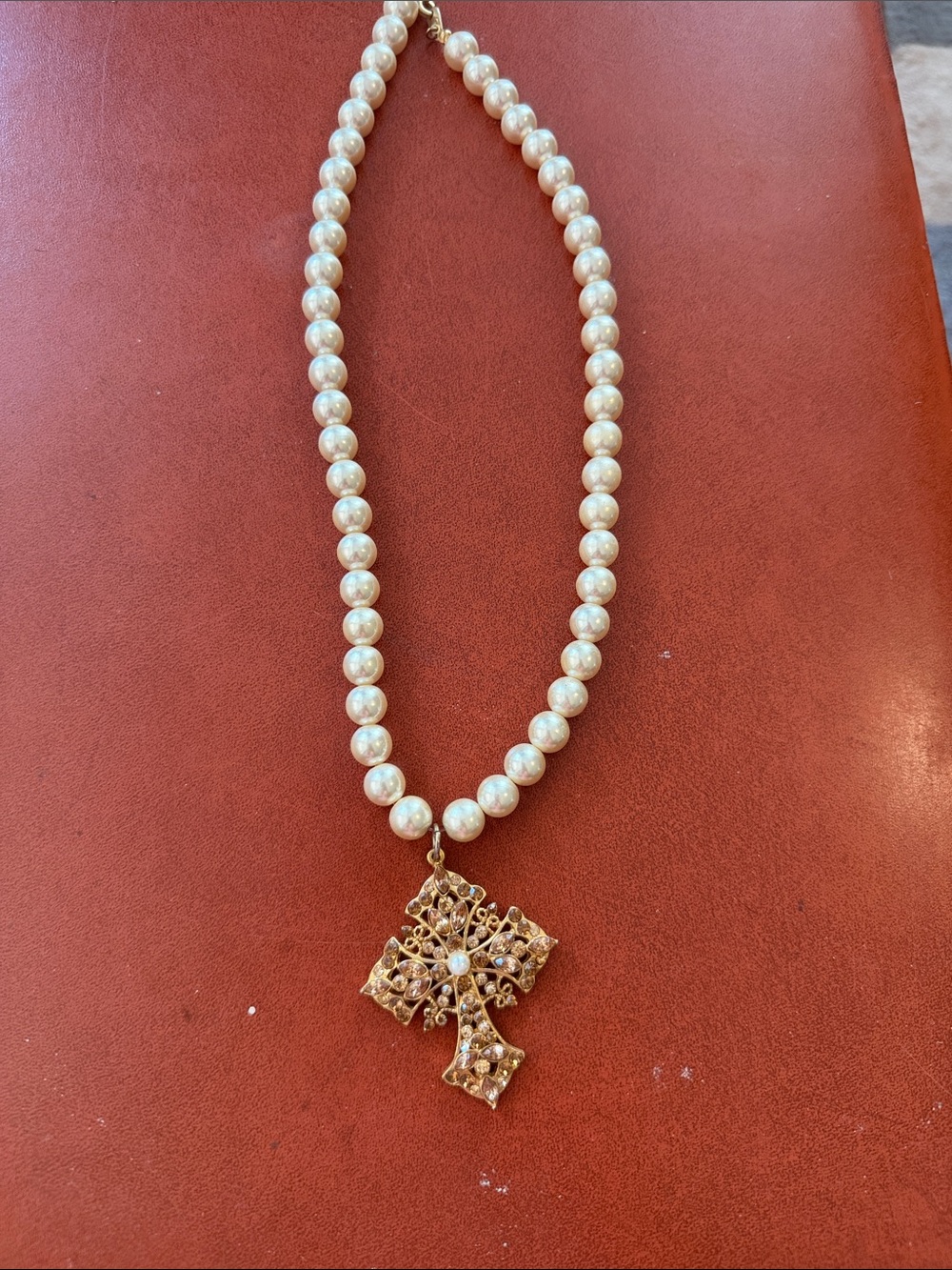 Pearl Necklace with Gold Filigree Cross Pendant